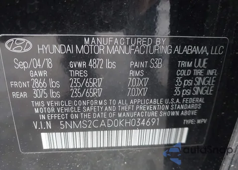 2019 Hyundai Santa Fe Se z USA, uszkodzony, nr VIN 5NMS2CAD0KH034691